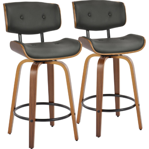 Lombardi 26" Swivel Counter Stool in Walnut Wood & Grey Leatherette w/ Black Footrest (Set of 2)